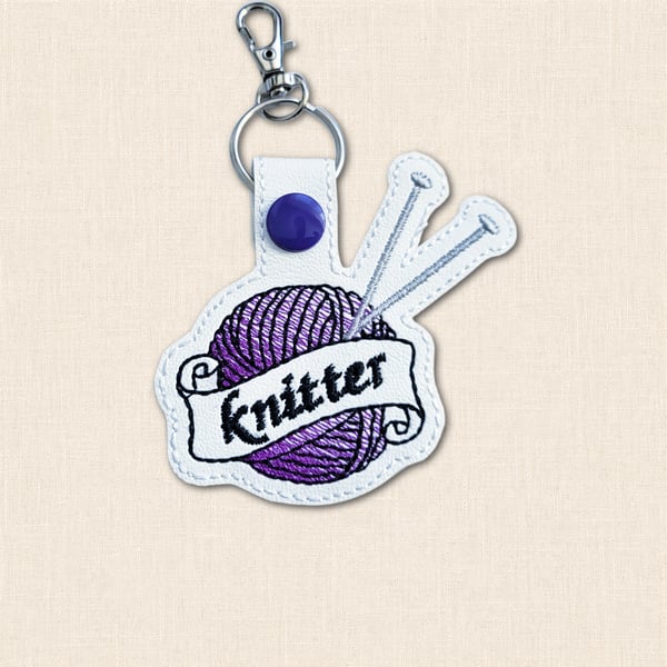 Knitter Keyring - Embroidered Yarn and Knitting Needles Bag Charm