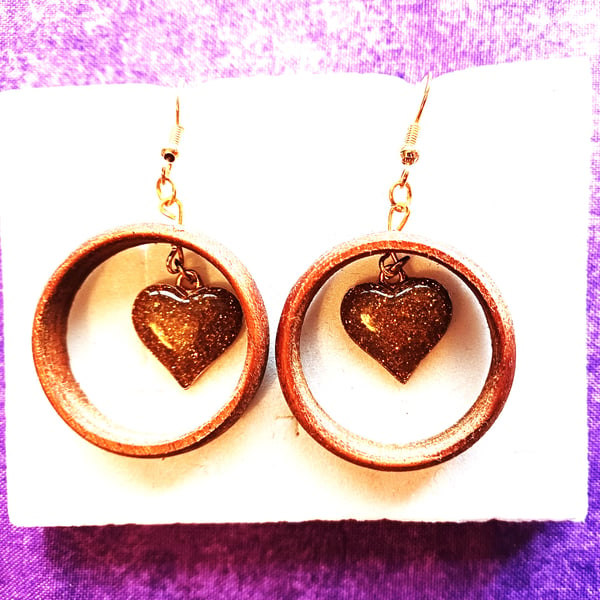 WOODEN HOOPS XXL (30mm) with ACRYLIC HEARTS,DARK GOLD- Seconds Sunday