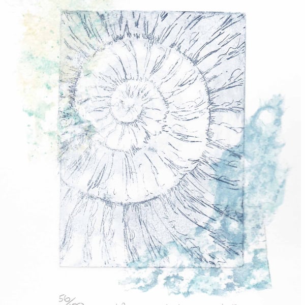 Etching no.56 of an ammonite fossil with chine colle in an edition of 100