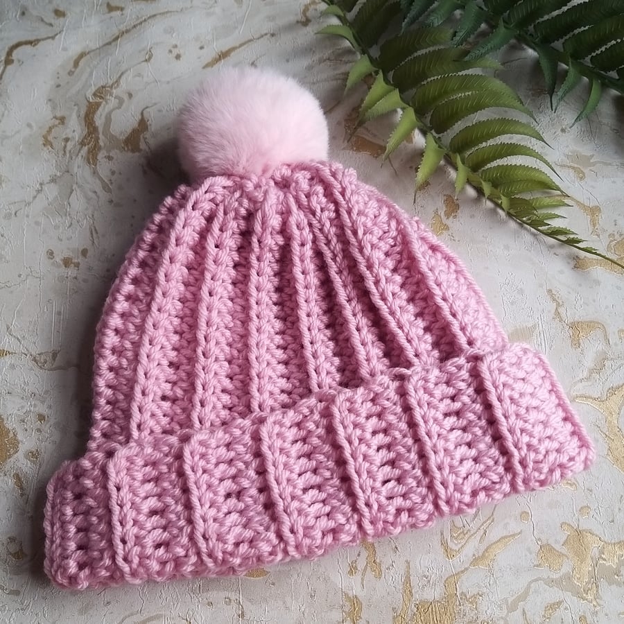Crochet Pink Merino Blend Hat Beanie Faux Fur Pompom 