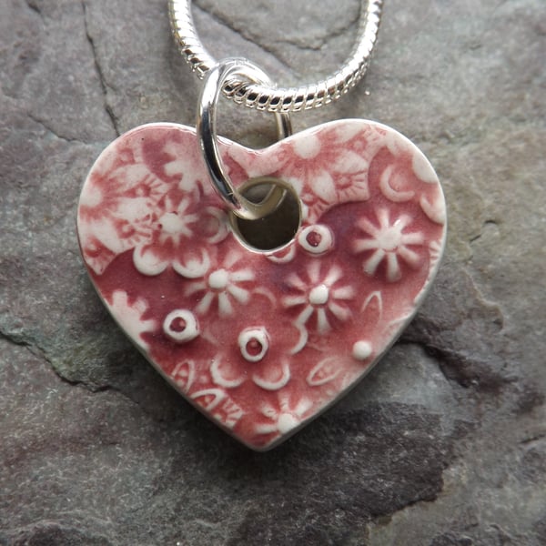 Heart shaped ceramic pendant in rose pink 