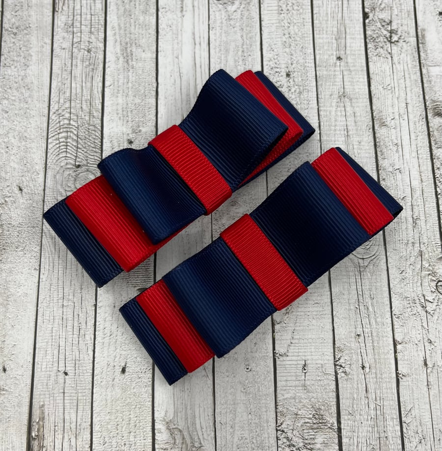 Navy and Red 3 inch Straight Bows on Clips (pair)
