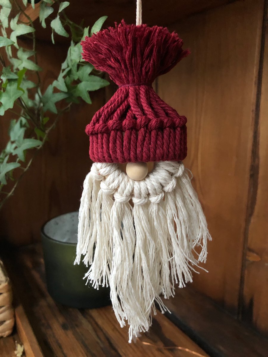 Dark Red Macrame Santa Decorations