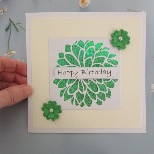 Happy Birthday Card Iridescent Die Cut Green Dahlia Flower - Blank Inside