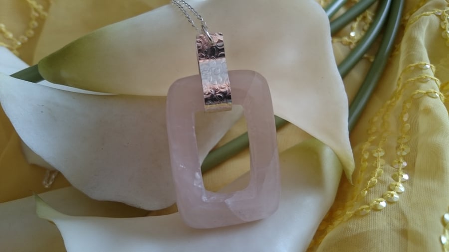 Hammered sterling silver and rose quartz rectangle necklace