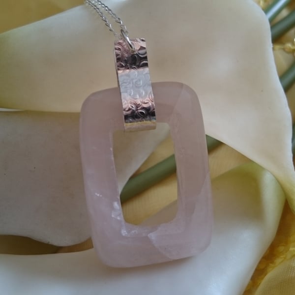 Hammered sterling silver and rose quartz rectangle necklace