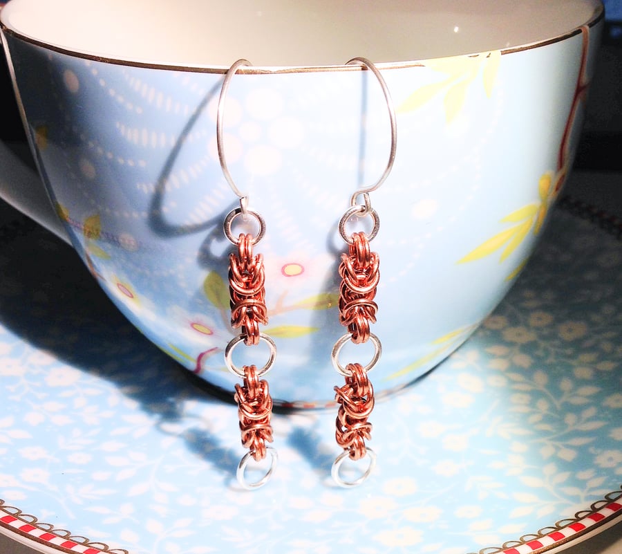 Long Copper and Sterling Silver Byzantine Earrings (ERMMDGCM4) - UK Free Post