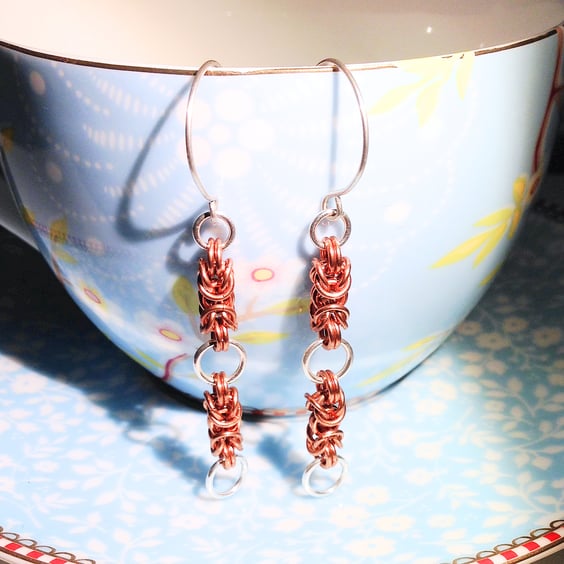 Long Copper and Sterling Silver Byzantine Earrings (ERMMDGCM4) - UK Free Post