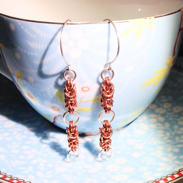 Long Copper and Sterling Silver Byzantine Earrings (ERMMDGCM4) - UK Free Post