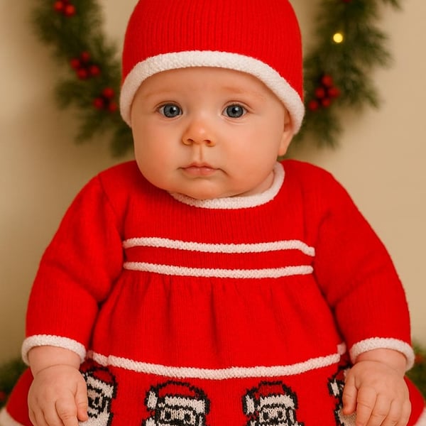 Hand-Knitted Baby Christmas Dress & Hat Set, Santa Design, Festive 0-3 Months 