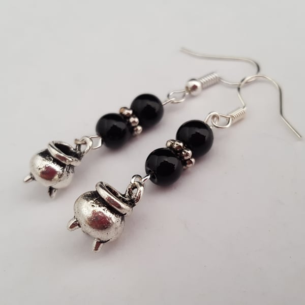 Witch's cauldron earrings - black and silver