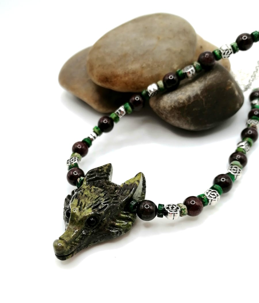 Dragons Bloodstone Wolf Necklace