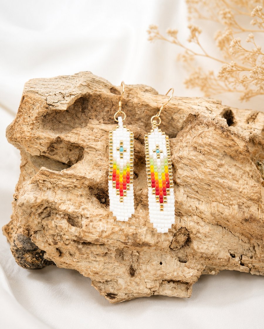 Native American Style Beaded Earrings. Rainbow Colours with Gold-Filled Wires