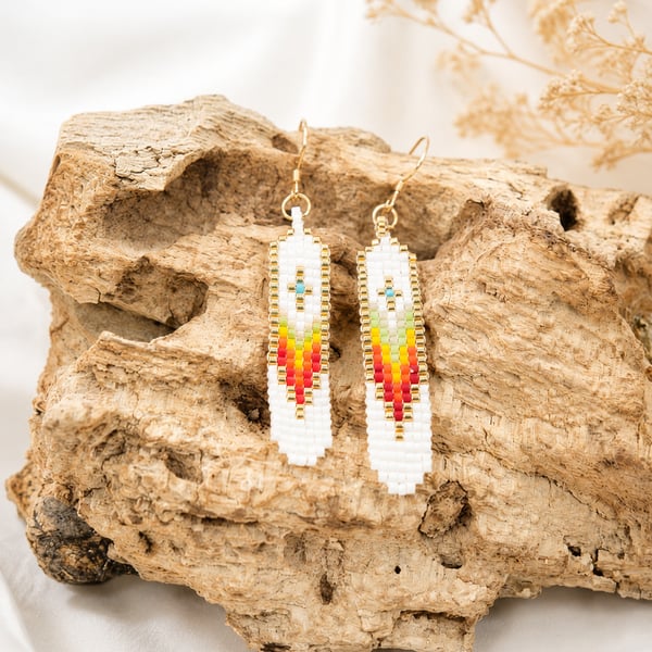 Native American Style Beaded Earrings. Rainbow Colours with Gold-Filled Wires