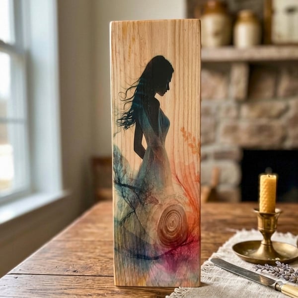 Slender Wall Decor, Female Silhouette, Tree Ring Wood Block, Photo Transfer Art