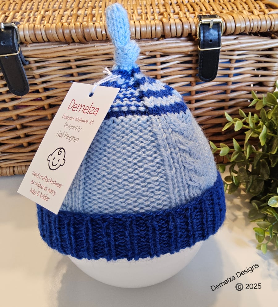 Designer Hand Knitted Cable Design Knottet Baby Beanie Hat  0 - 3 months size