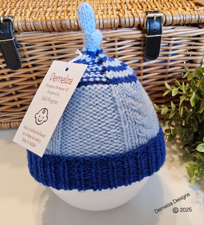 Designer Hand Knitted Cable Design Knottet Baby Beanie Hat  0 - 3 months size