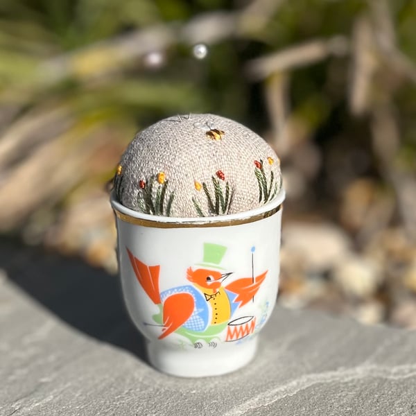 Pin cushion - Vintage bird egg cup - embroidered with bee and flowers