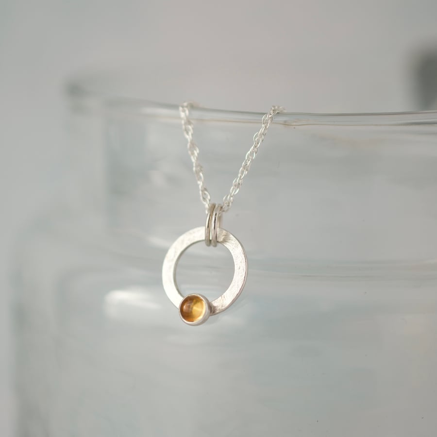 Citrine Gemstone and Dainty Silver Circle Pendant Necklace
