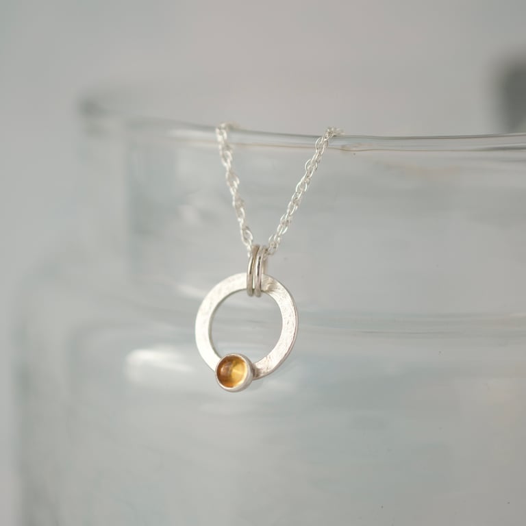 Citrine Gemstone and Dainty Silver Circle Pendant Necklace