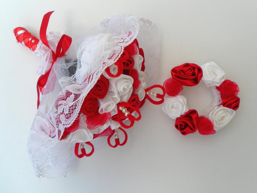  Wedding bouquet,  Red and White roses, matching Hair Accessory