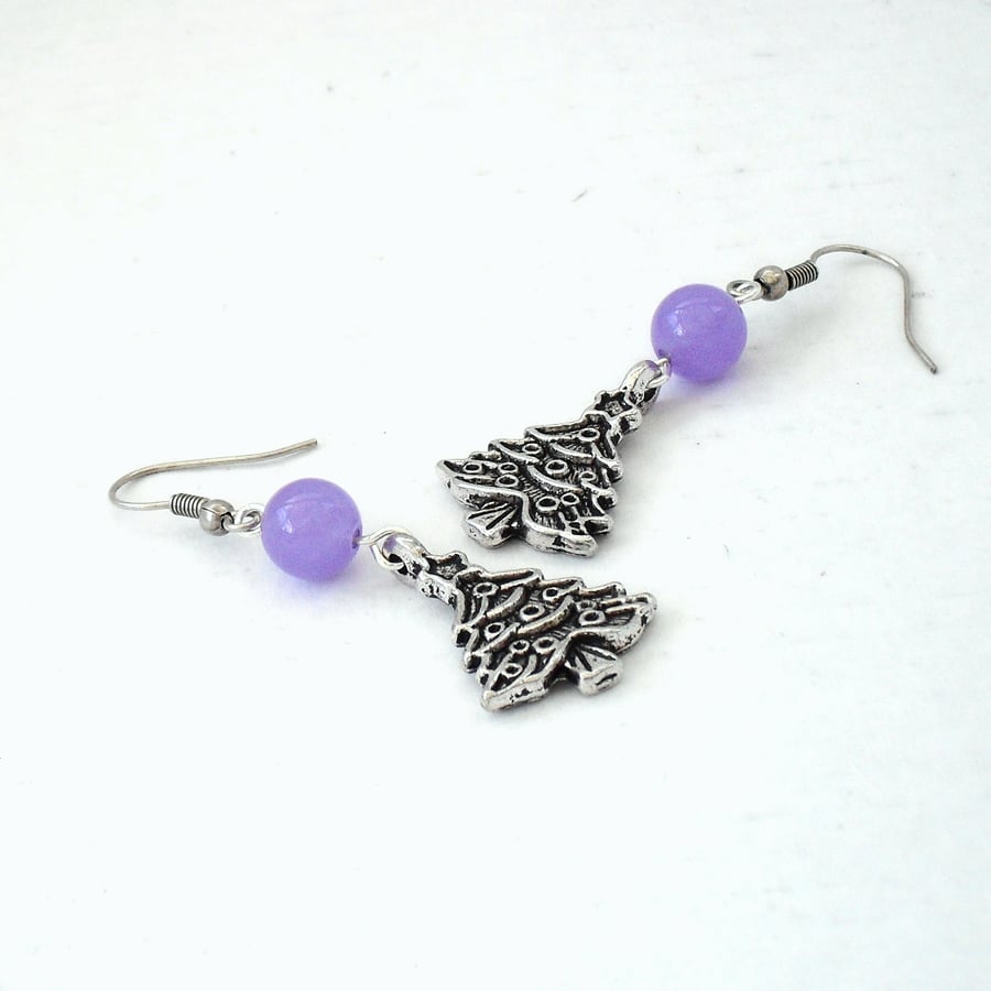 Lavender purple tibetan silver christmas tree charm earrings - stocking filler