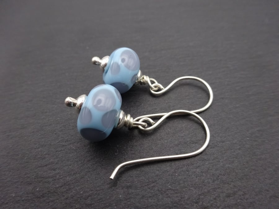 sterling silver earrings, blue and purple spot lampwork jewellery