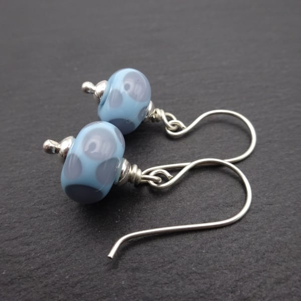 sterling silver earrings, blue and purple spot lampwork jewellery