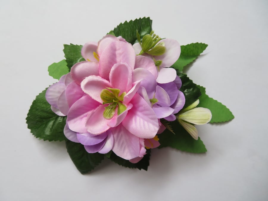 Candy Pink & Lilac Green Flower Cluster Hair Clip 