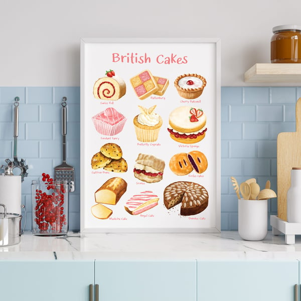 British Cakes A3 Illustrated Art Print
