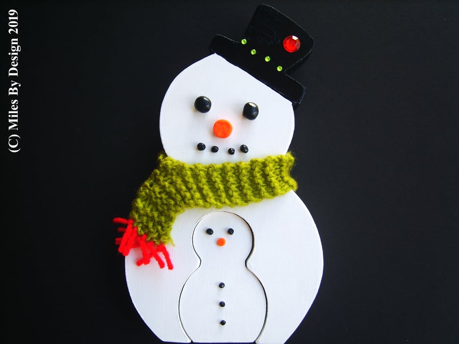 Painted Wooden Snowman With Pop Out Mini Snowman