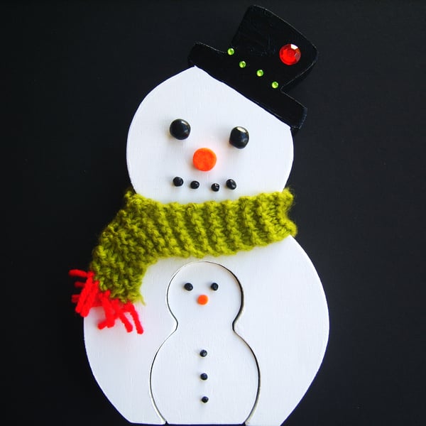 Painted Wooden Snowman With Pop Out Mini Snowman