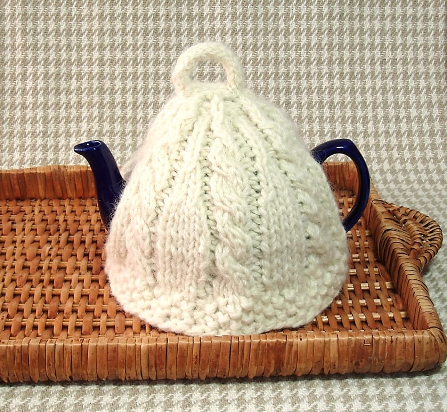 Hand knitted tea cosy in natural cream pure British wool tea cozy