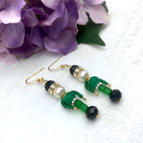 Crystal Diamante Emerald Green Nutcracker soldier dangle earrings