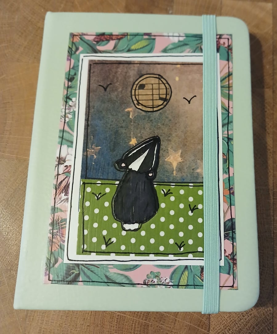 Quirky art, moongazer A6 lined hand decorated quirky badger journal notebook