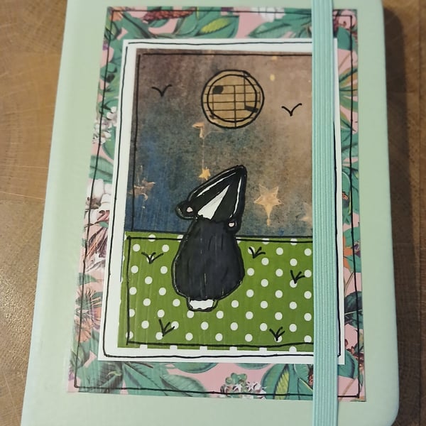 Quirky art, moongazer A6 lined hand decorated quirky badger journal notebook