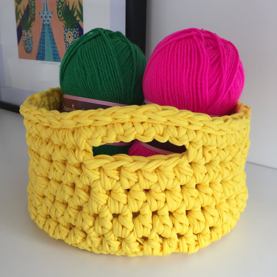 Crochet basket made with upcycled tshirt yarn - sunshine yellow