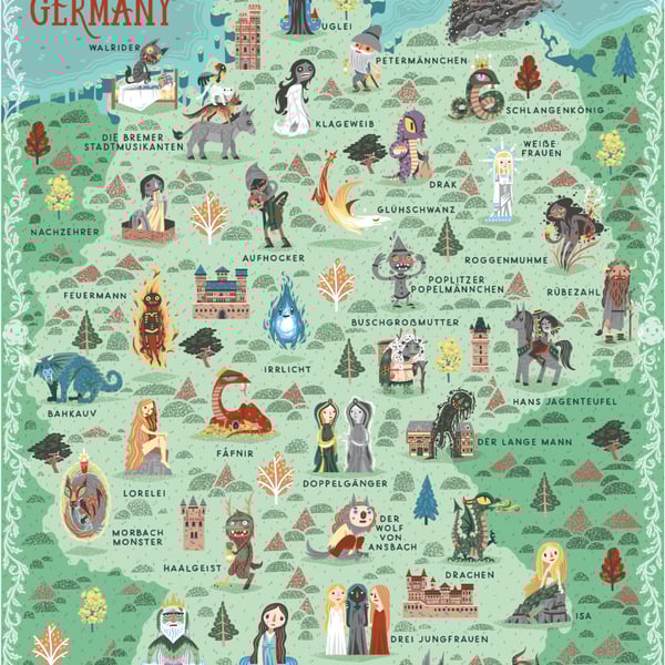 Mythical Beasts of Germany : An illustrated map - A3 Art print - Poster