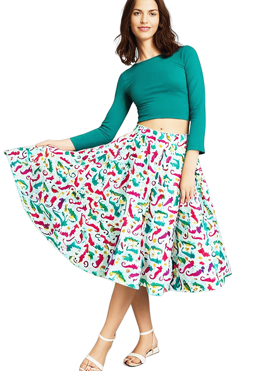 1950s Vintage Retro Rockabilly Circle Skirt Seahorse print women's sizes 10-26 