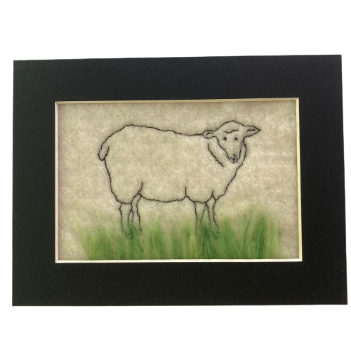 Sheep picture, hand stitched outline drawing