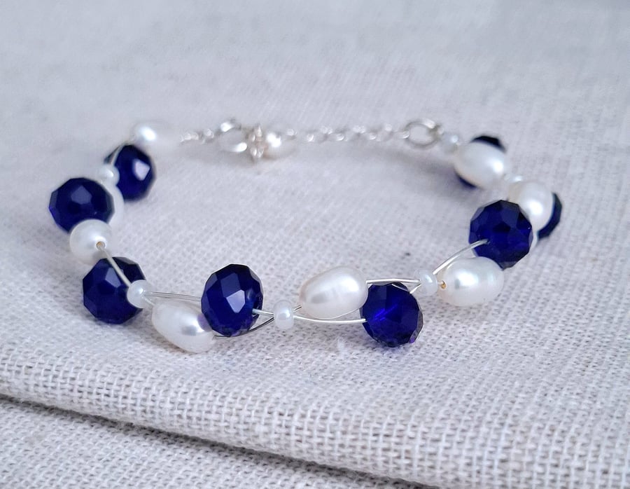 Blue Glass Bracelet, Sterling Silver Pearl Jewellery, for slimmer wrists