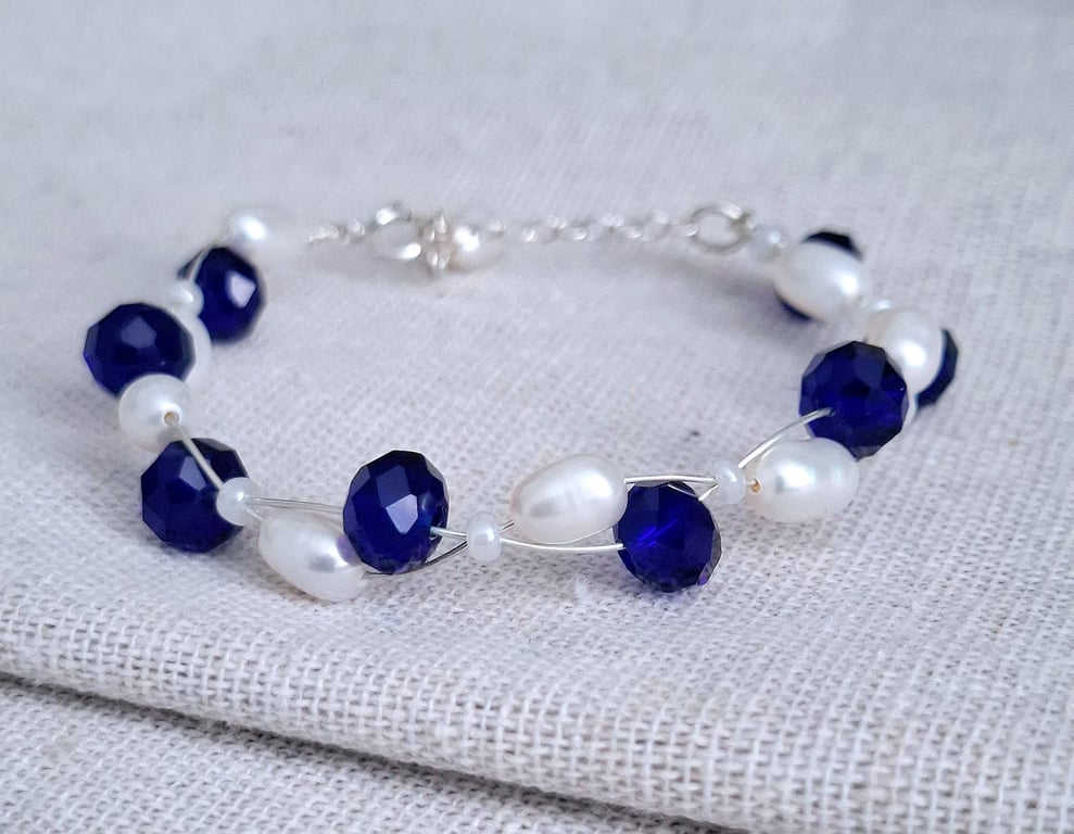 Blue Glass Bracelet, Sterling Silver Pearl Jewellery, for slimmer wrists