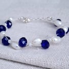 Blue Glass Bracelet, Sterling Silver Pearl Jewellery, for slimmer wrists