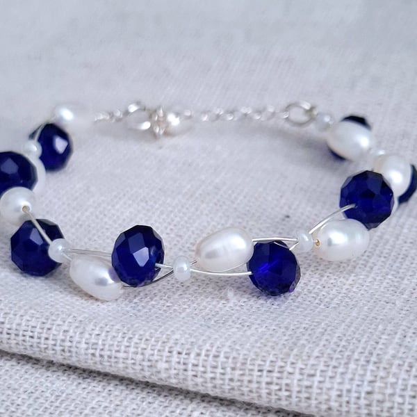 Blue Glass Bracelet, Sterling Silver Pearl Jewellery, for slimmer wrists