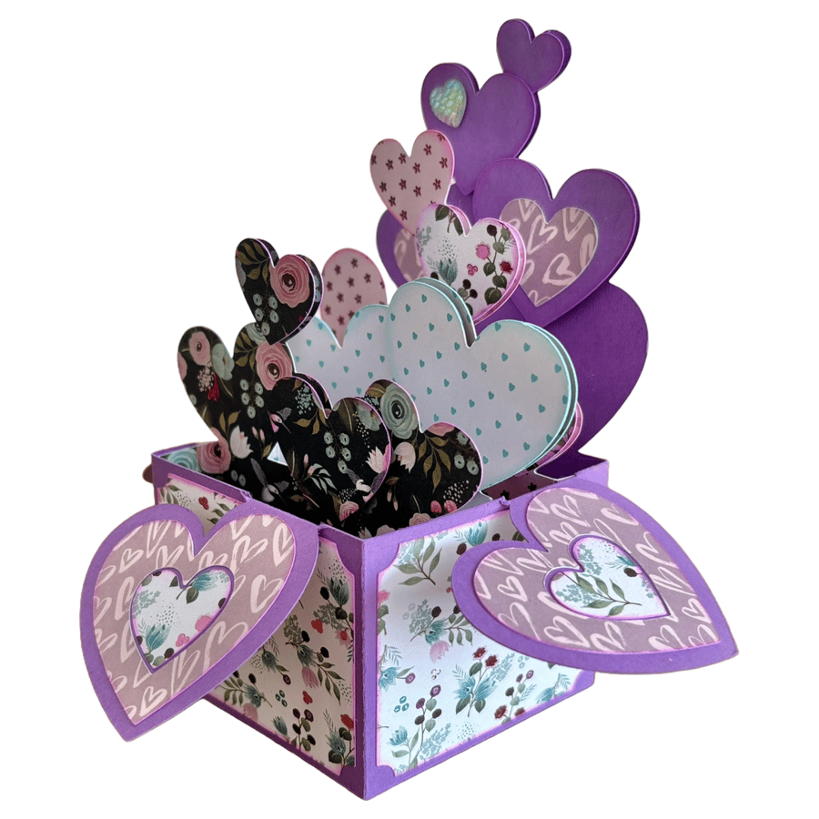 3D Purple Love Heart Pop Up Box Card, Mother's Day Card