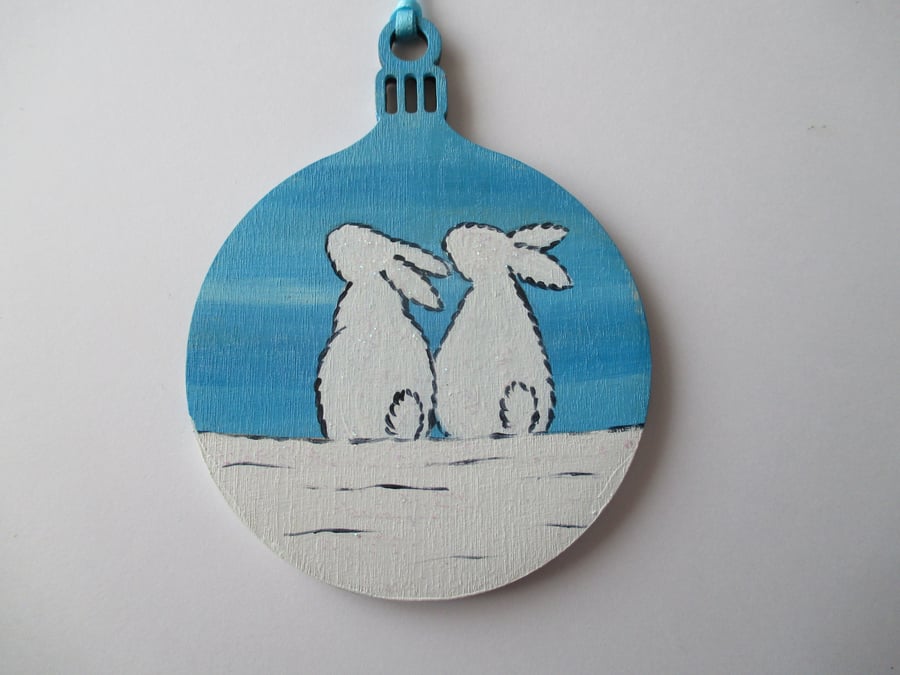 Snow Bunny Christmas Tree Bauble Decoration White Rabbit Painting Xmas Painting
