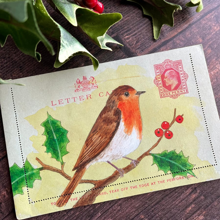 Ink and acrylic painting of robin on vintage postcard, gift for bird lover