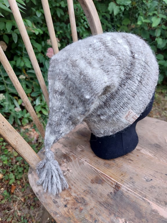 Handspun, Hand-knitted Tapered Hat with Tassel in Jacobs Wool