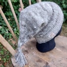 Handspun, Hand-knitted Tapered Hat with Tassel in Jacobs Wool