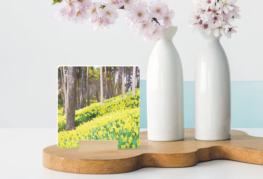 Daffodil Woods Mini Ceramic Tile Art - Easter Gift For Mum or Grandma